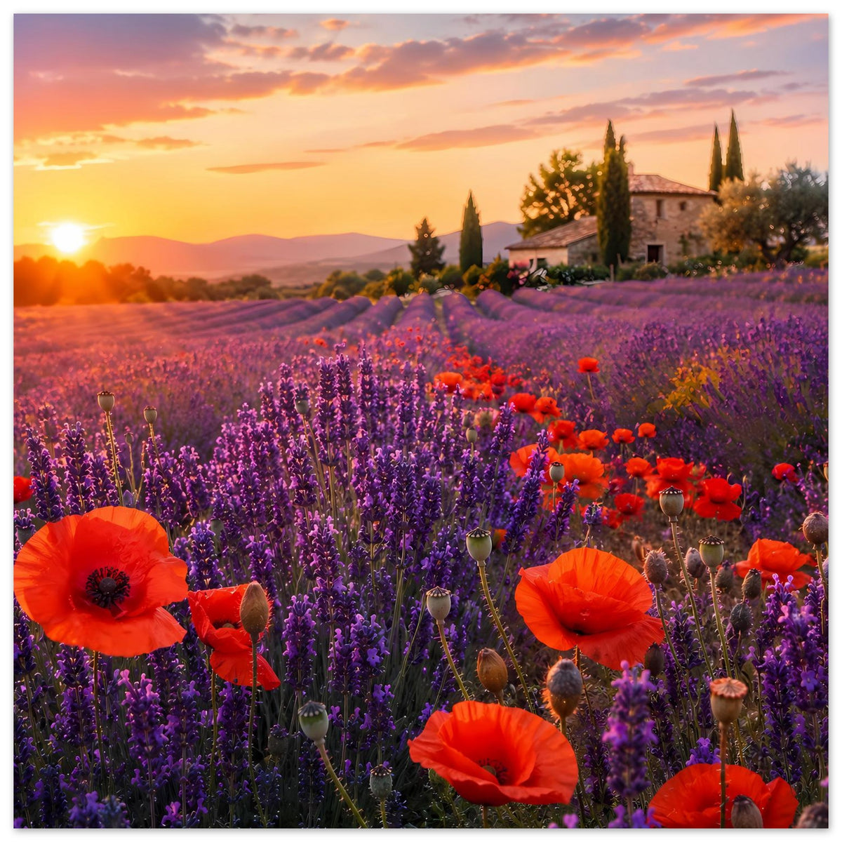 Poster mit Lavendelfeld im Gegenlicht und roten Mohnblüten, kleines Landhaus im Hintergrund