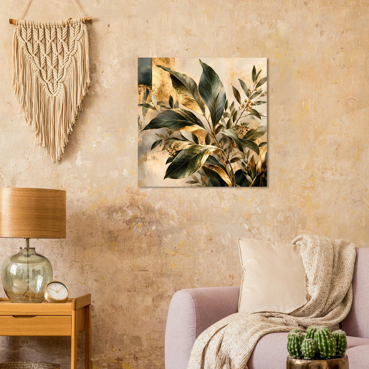 Quadratischer Kunstdruck mit botanischem Blätterarrangement in Grün, Beige und Gold