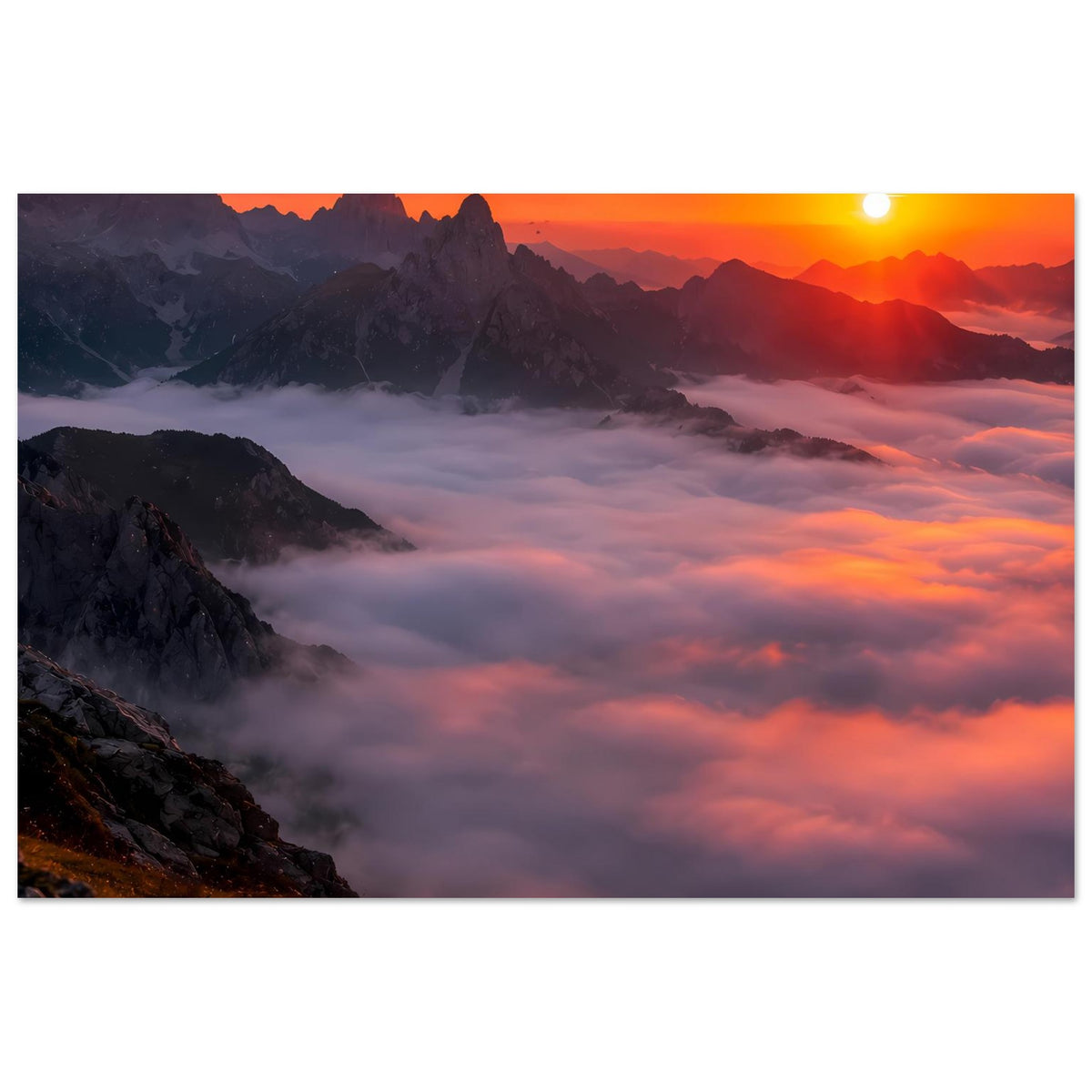 Poster im Querformat: Berglandschaft im Abendlicht mit Nebelwolken und warmem Himmel