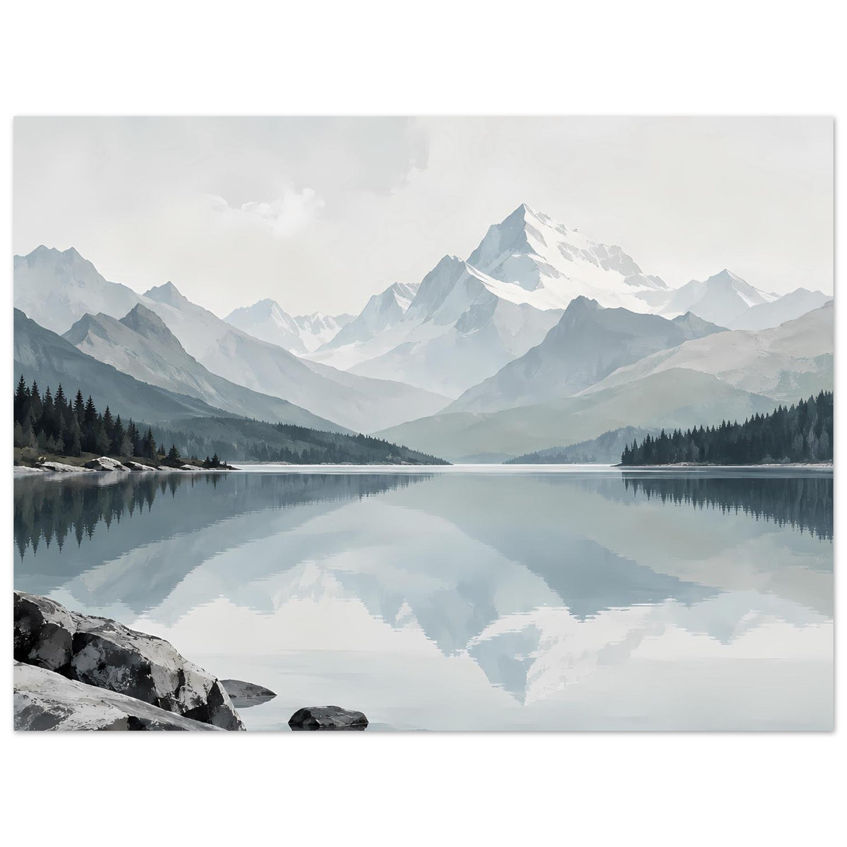 Horizontales Wandbild mit Bergsee im Gleichklang, Reflexionen und schneebedecktem Gipfel