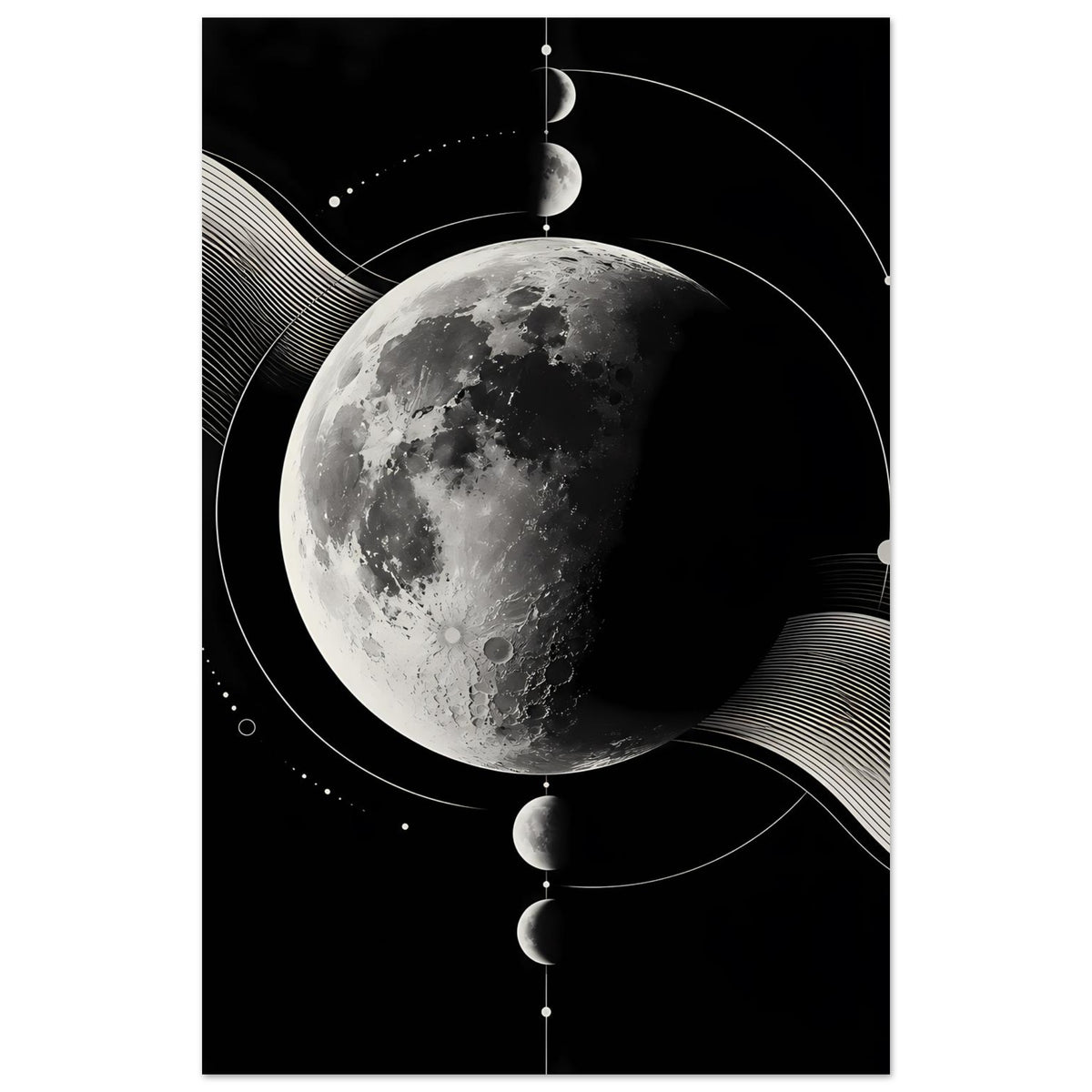 Vertikales Poster mit Mondphasen: silbergrauer Mond, Kreise, Punktlinien und Wellen