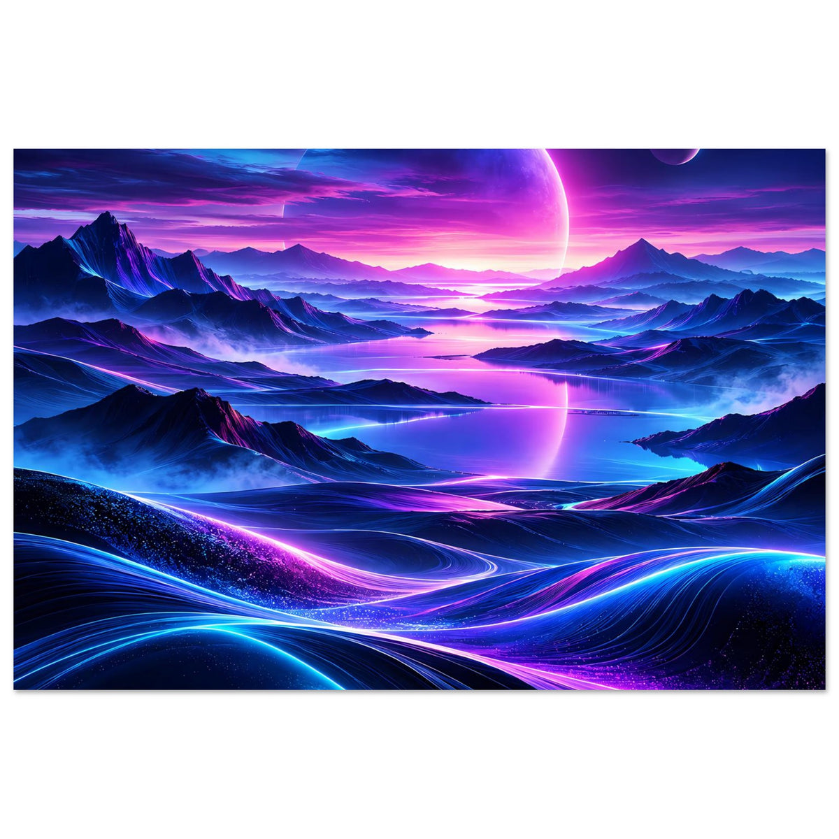 Neon-Weltraum-Poster im Querformat mit violett-pinkem Horizont und blauen Lichtadern