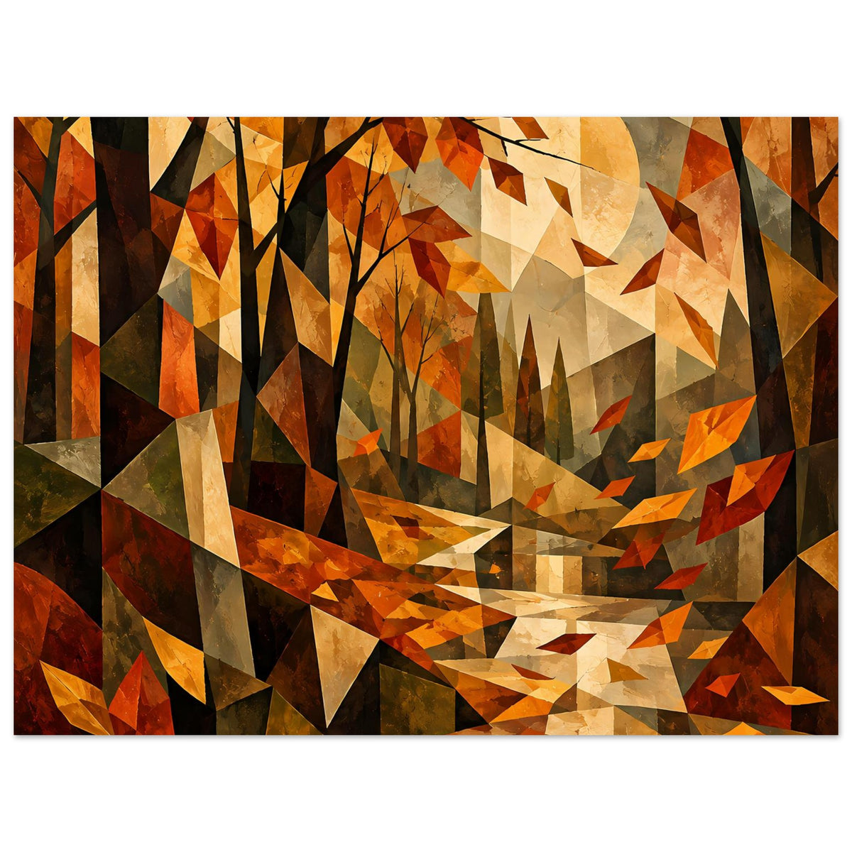 Herbstlandschafts-Poster im Kubismus-Stil, horizontal: geometrische Bäume, goldene Mondsichel