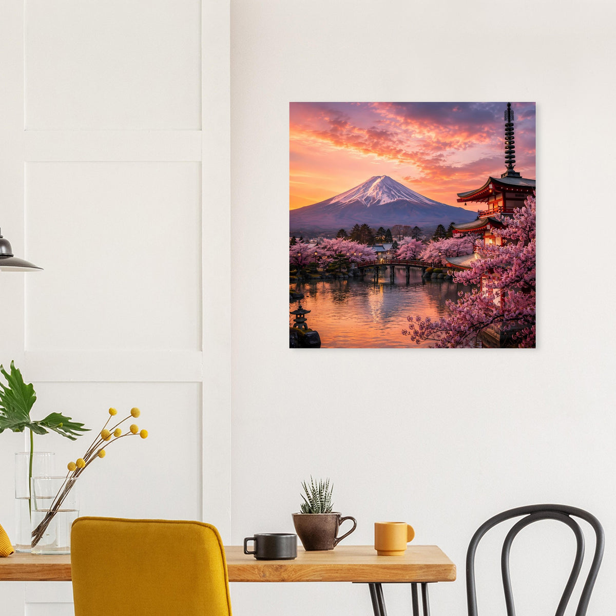 Poster mit Fuji, Kirschblüten und Pagode im warmen Sonnenuntergang