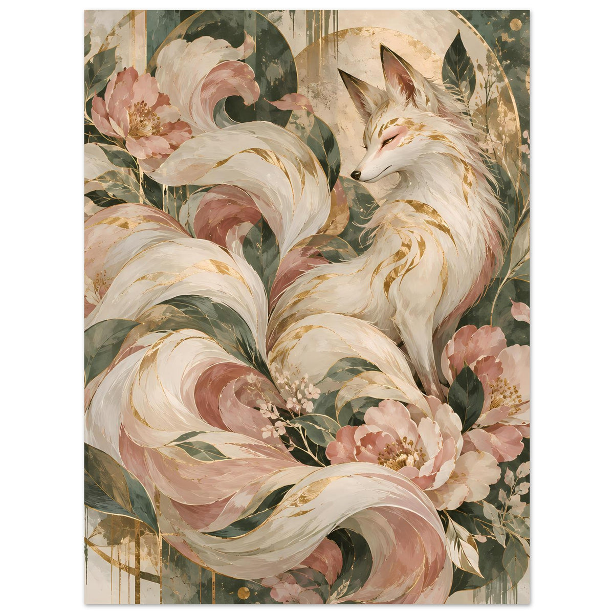 Poster mit Fuchs und Blüten in Rosé-, Grün- und Goldtönen