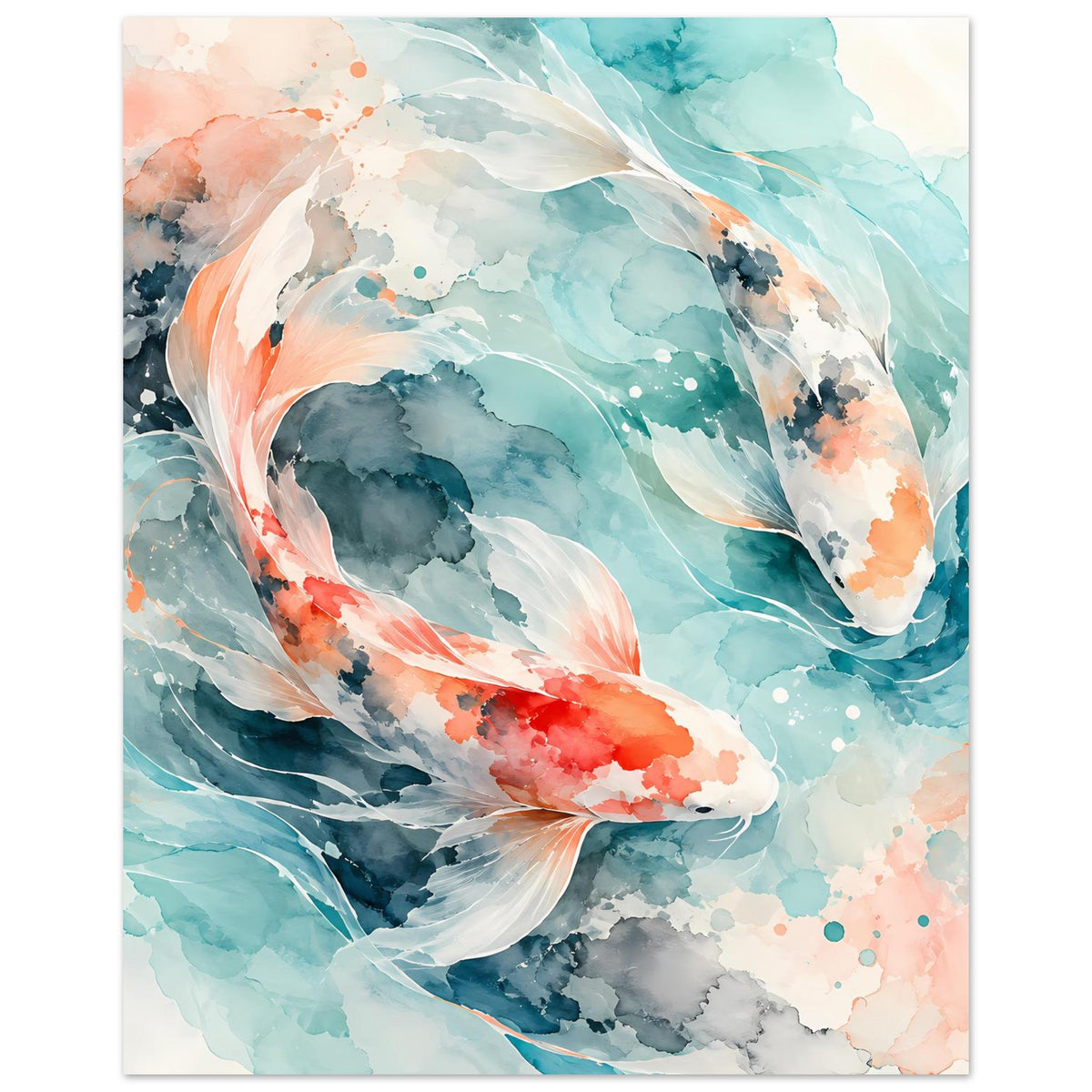 Poster mit Aquarell-Koi in Blau und Koralle, mit weißen Flossen, Hochformat