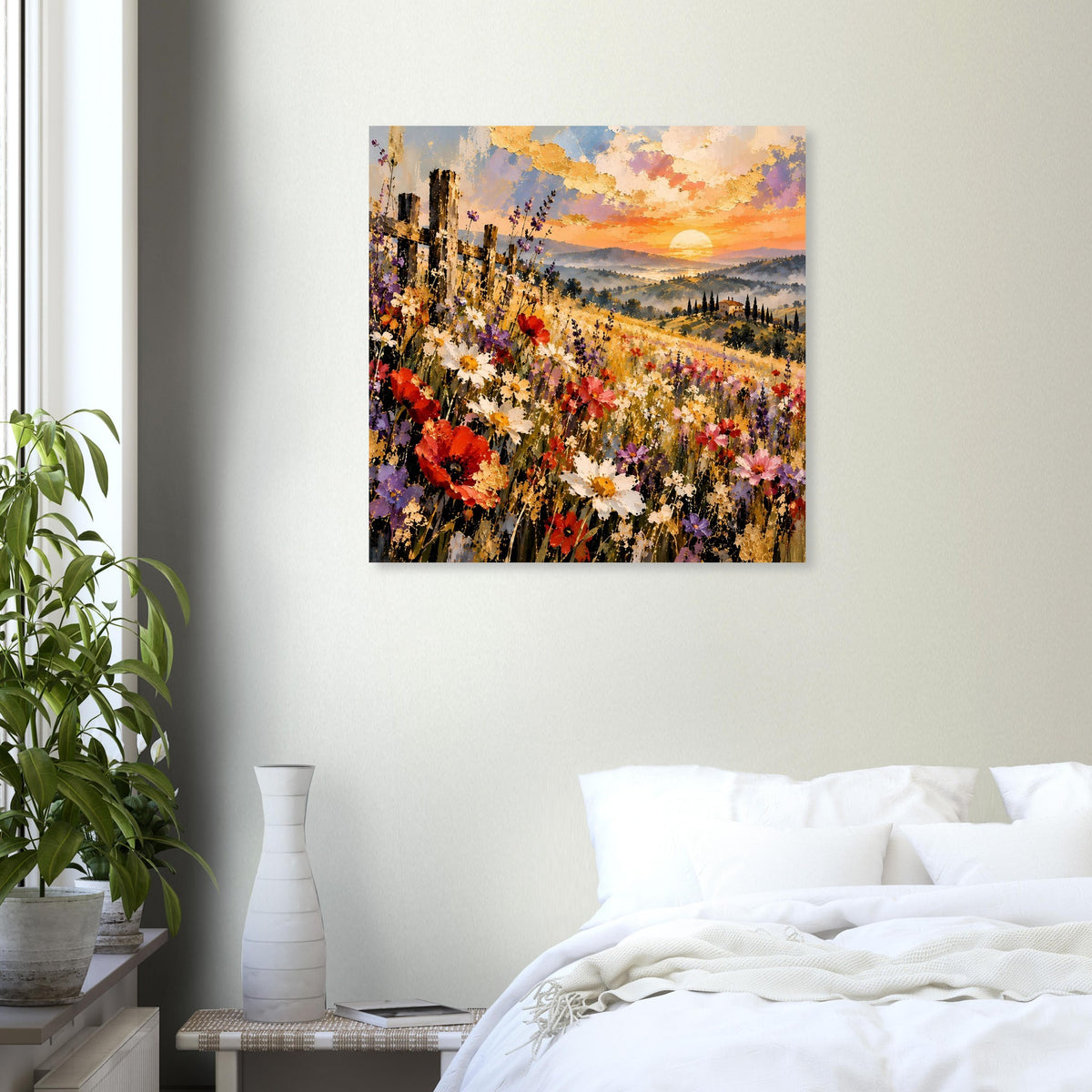 Gerahmtes Blumenlandschaftsposter: breite Wiese mit Mohnblumen und Abendhimmel