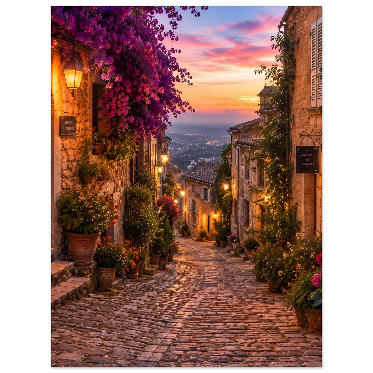 Dorfstraßen-Poster: schmale Gasse zwischen Häusern, lila Blüten und warmes Licht