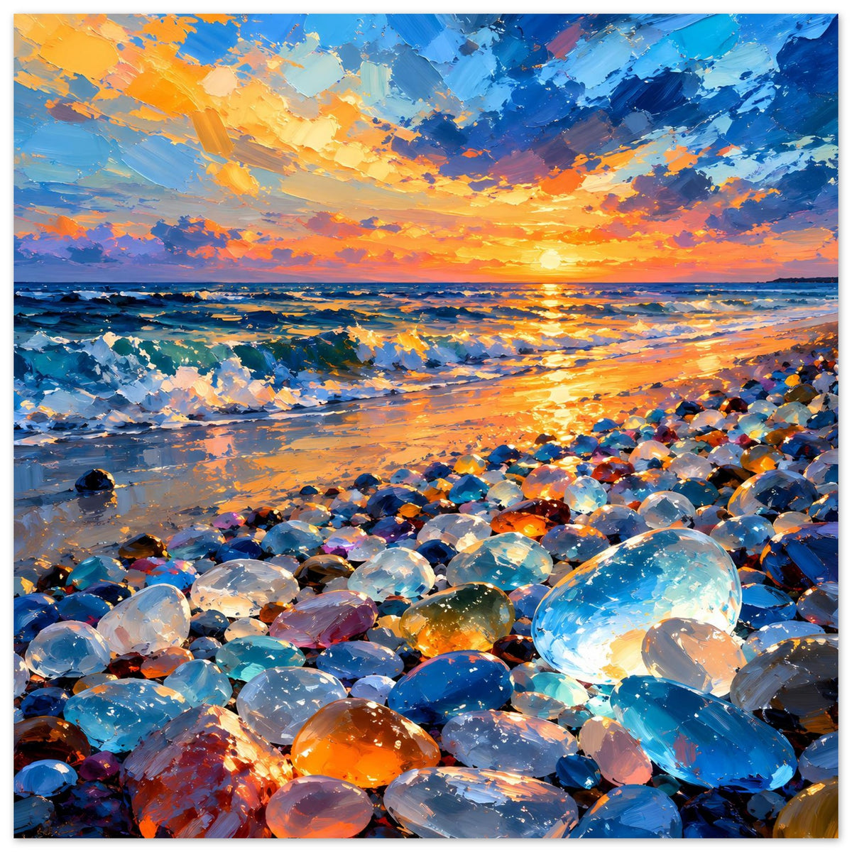 Hochformat-Poster: Blick auf den Sonnenuntergang mit Wellenlinie und farbigen Kieselsteinen