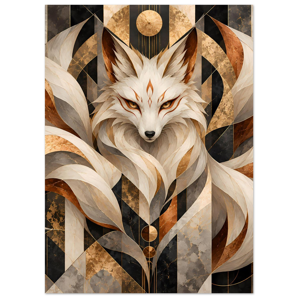 Geometrisches Fuchs-Poster: Fuchskopf mit goldener Linie und braun-cremefarbenen Schwingen