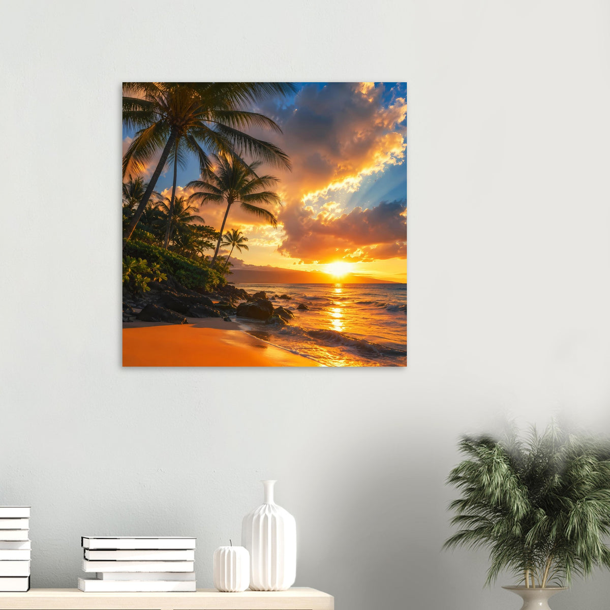 Quadratisches Strandposter mit Palmen am goldenen Sonnenuntergang über dem Meer