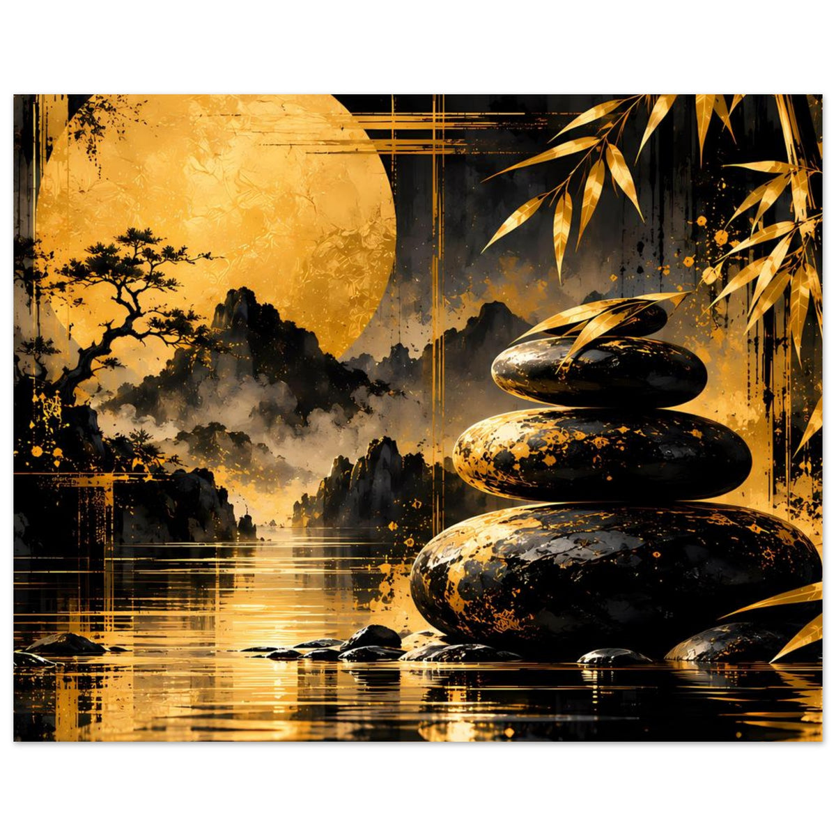 Horizontales Kunstposter mit goldener Sonne, schwarzem Steinhaufen, Bambusblättern und Spiegelung