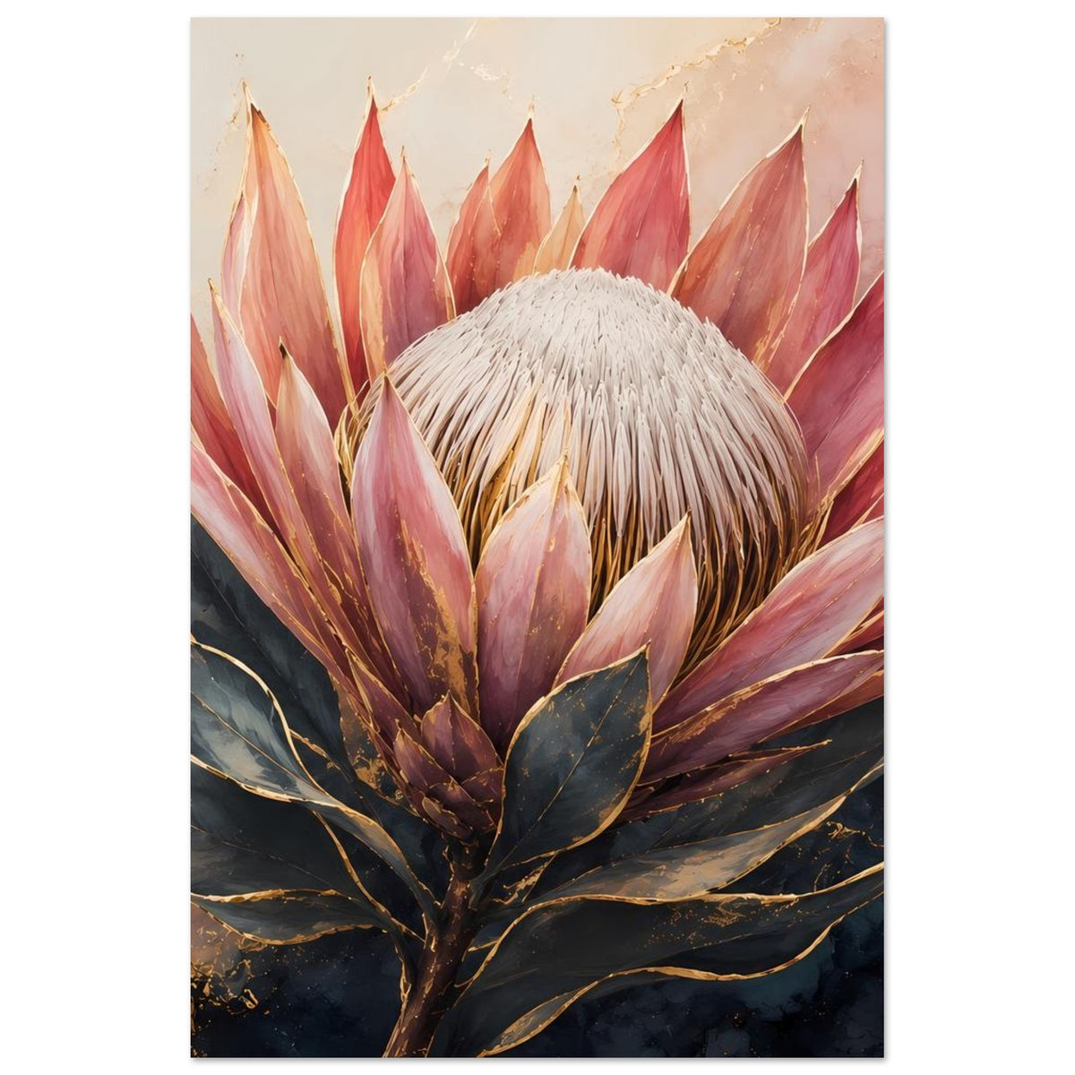 Botanisches Poster: Königsprotea in Rosatönen, goldene Akzente auf Blättern und Zweigen