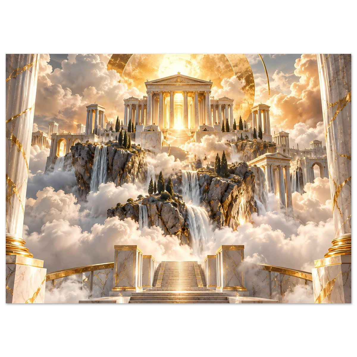 Poster mit Treppe, Säulen und goldener Lichtstimmung über Wolken