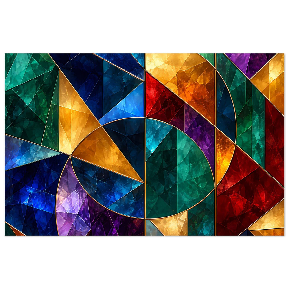 Geometrisches Glasfenster-Motivposter mit Regenbogenfarben, breite Queransicht im Rahmen