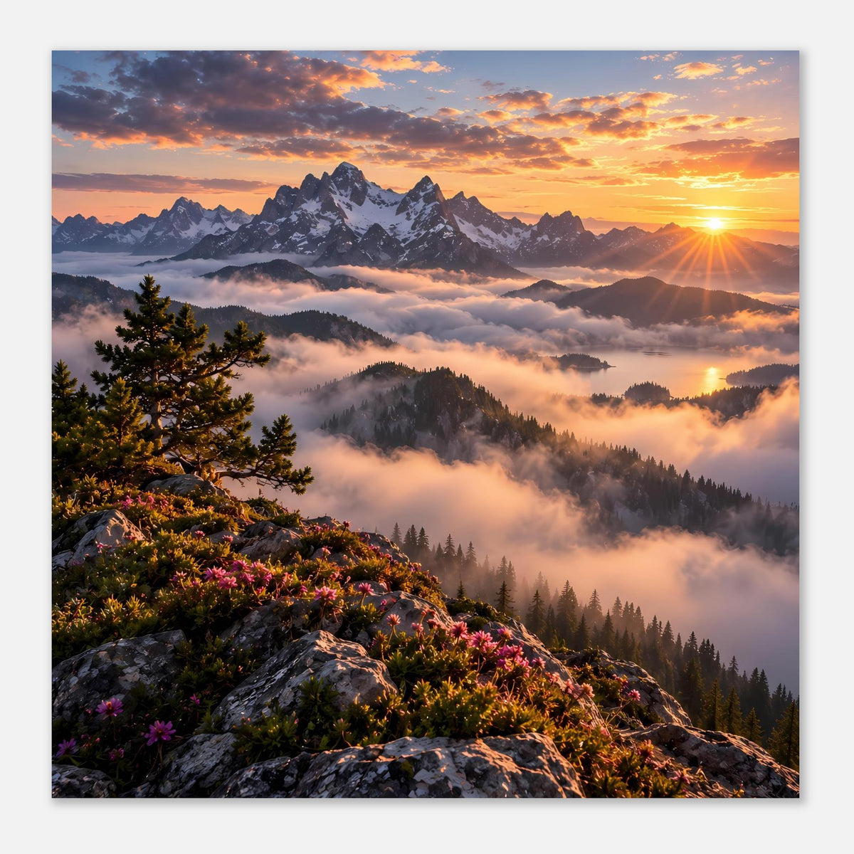 Poster im Querformat mit Sonnenaufgang, Nebel im Tal und Bergkamm im Vordergrund