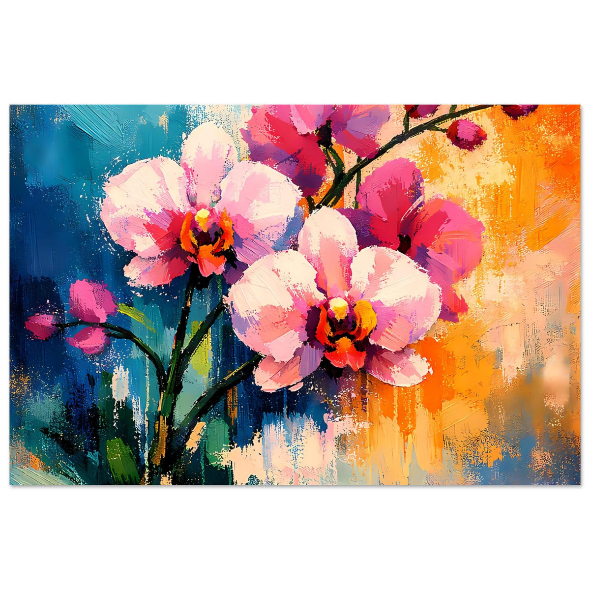 Blumenposter mit großen mehrfarbigen Blüten und dunklen Zweigen, Stil wie Aquarell
