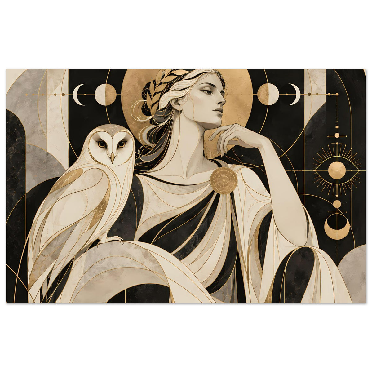 Kunstposter mit Frau im Profil, Eule, goldene Kreise und geometrische Symbole, Querformat