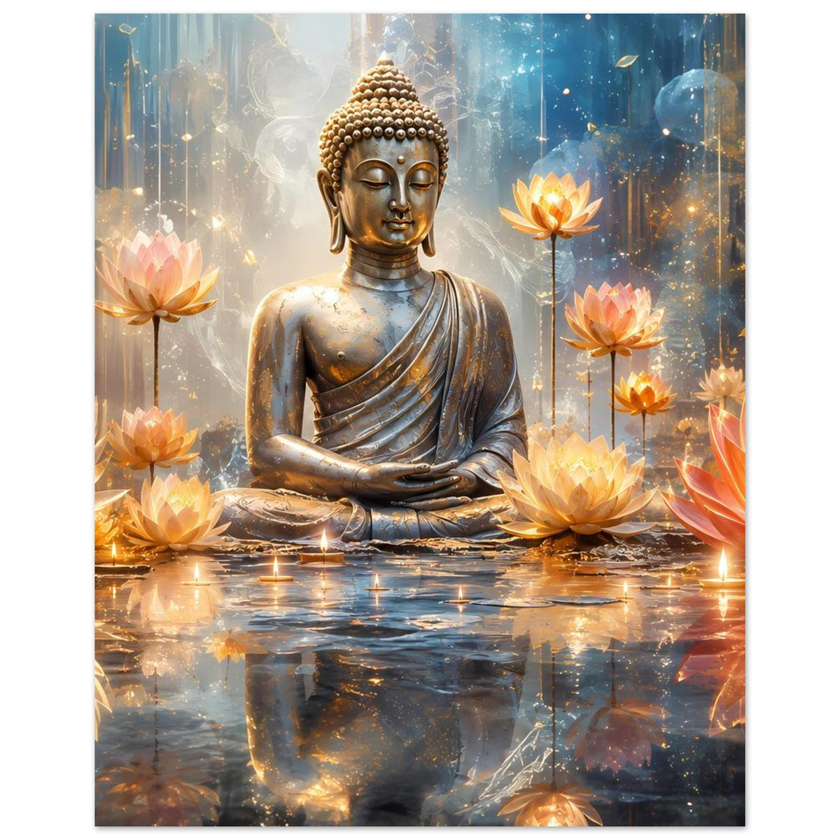 Poster mit frontalem Buddha aus Goldfarben und leuchtenden Lotusblüten