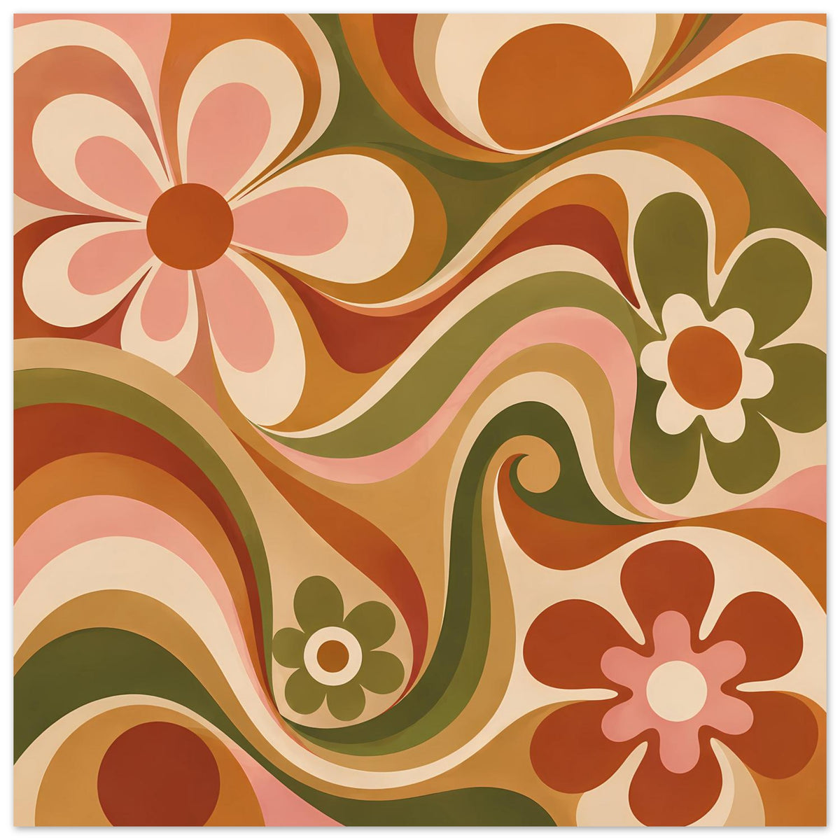 Florales Poster querformat mit großen Blüten und Wirbelranken in Olivgrün und Orange