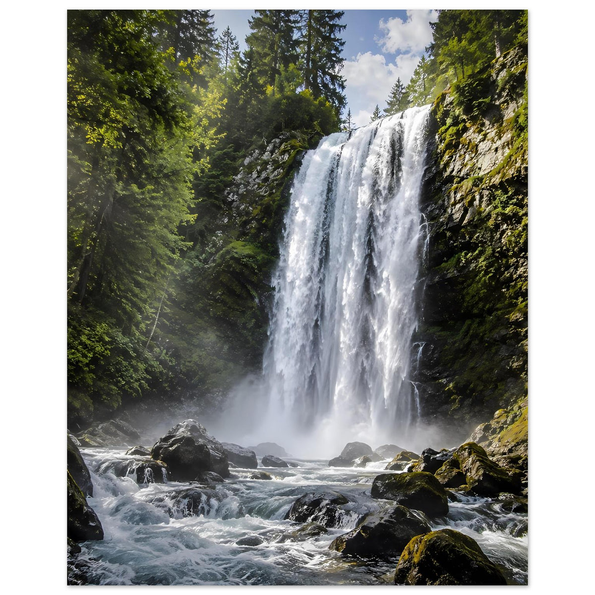 Wasserfall-Fotoposter mit hohen Wasserfällen, dichten Bäumen und Felsbrocken