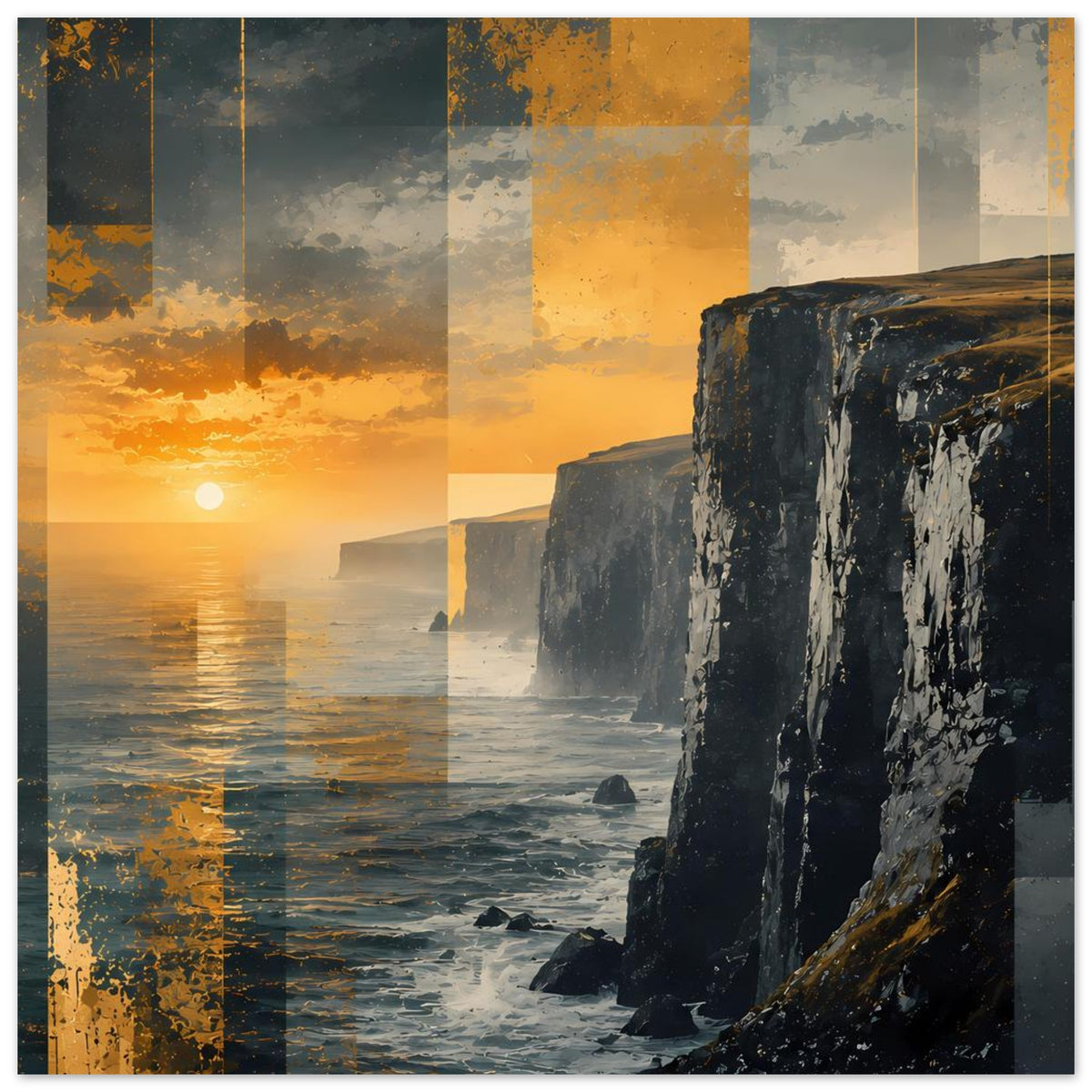 Poster im Querformat: Sonnenuntergang über dem Ozean, dunkle Klippen und orange Wolken