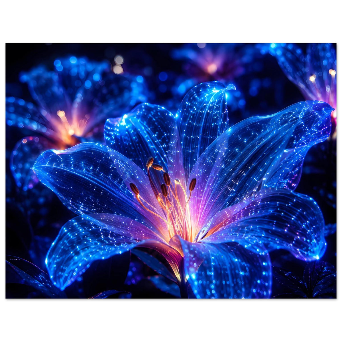 Leuchtendes Blumenposter, horizontales Format: blau schimmernde Blüten mit Lichtfunken