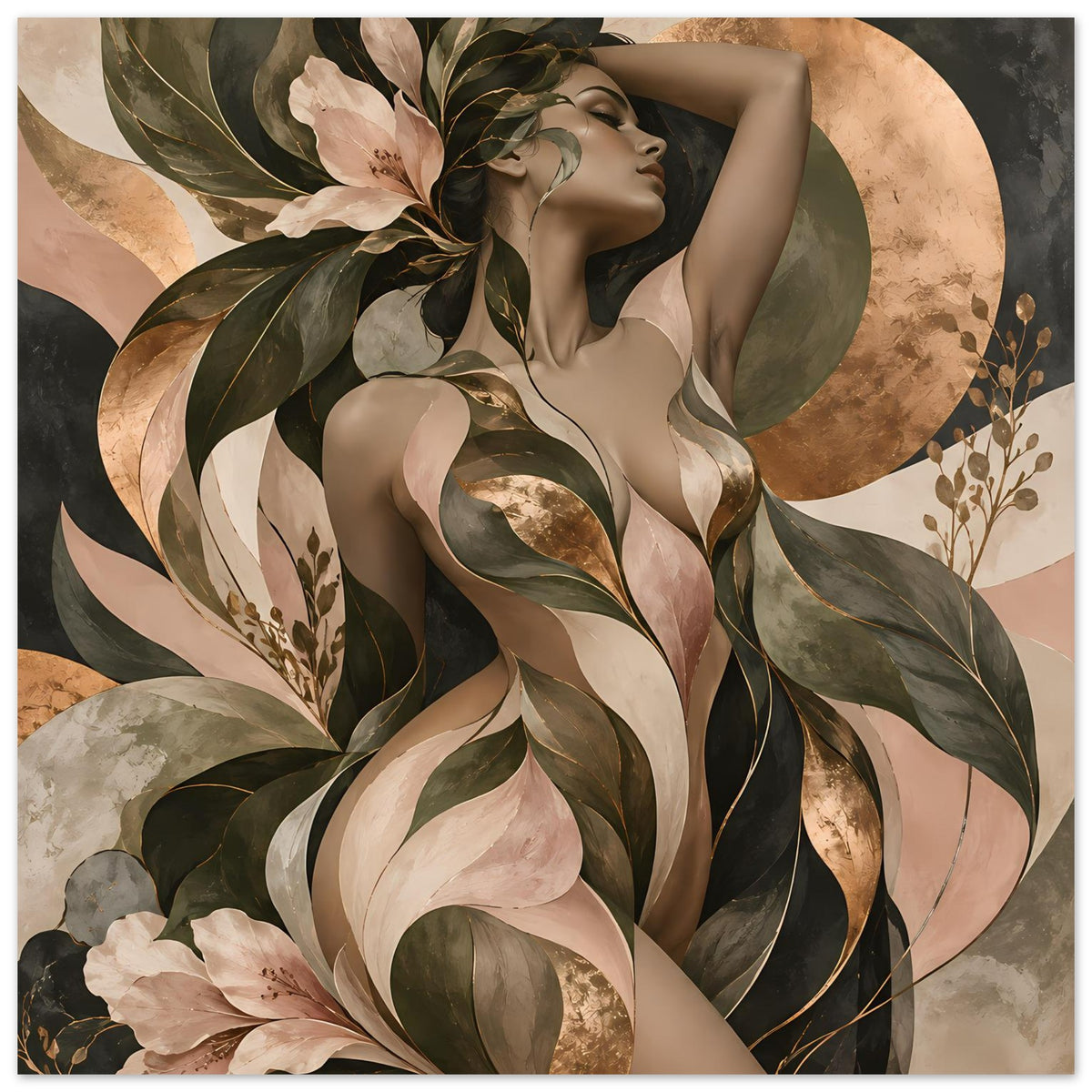 Poster mit Frauenakt und botanischen Blättern in Erdtönen und Gold, ganzflächige Darstellung