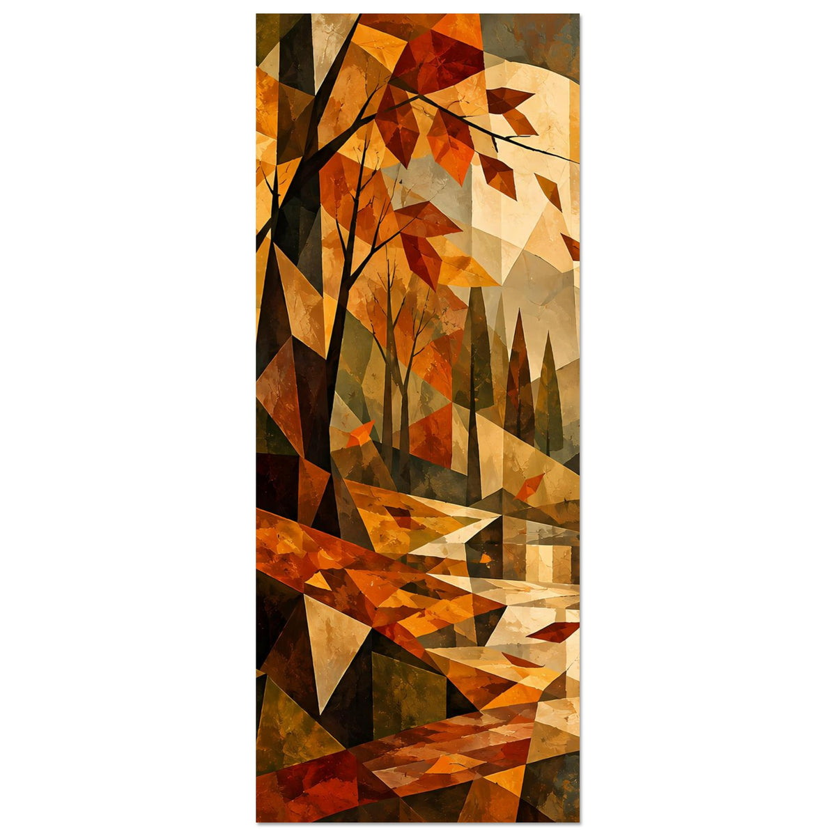 Herbstlandschafts-Poster im Kubismus-Stil, vertikal: Bäume in Geometrie, goldene Mondsichel