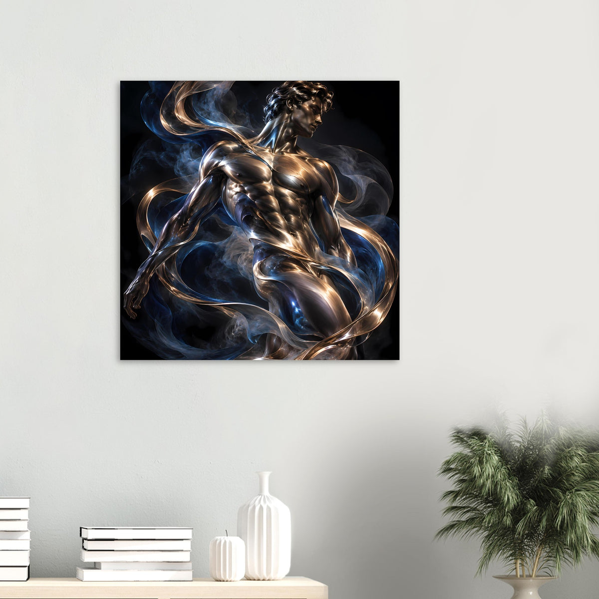 Quadratisches Poster im schwarzen Rahmen mit abstrakter silber-goldener Skulptur