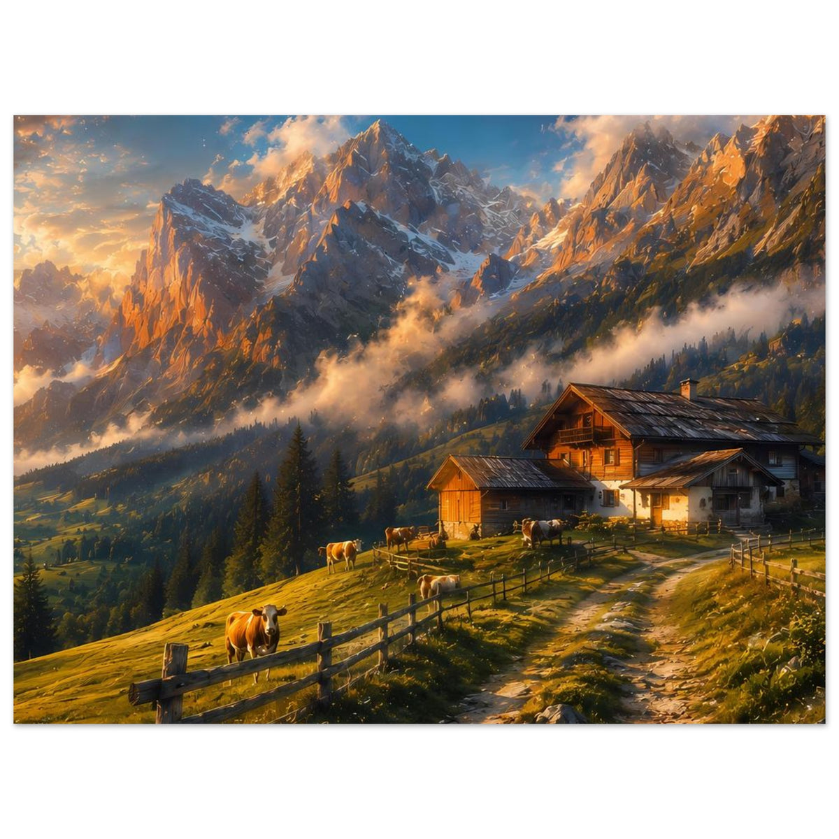 Poster mit Almhütte, Kühen und Alpenpanorama mit Berggipfeln und Feldweg