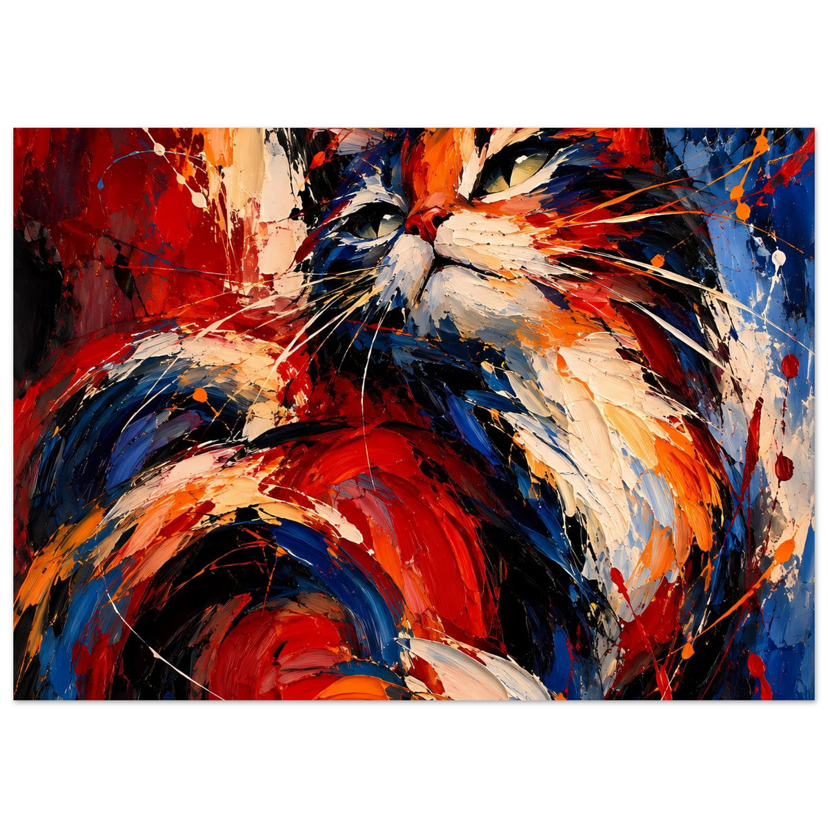 Abstraktes Katzenposter, große Augen im Fokus, rot, blau und beiger Pinselauftrag, horizontal
