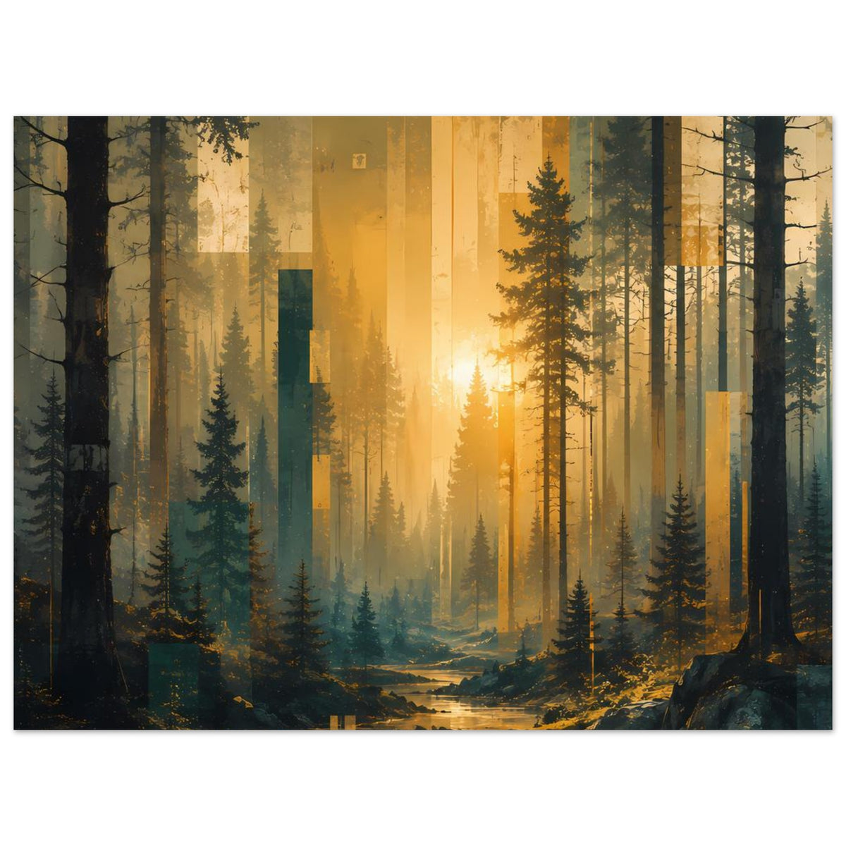 Wandposter im Querformat: dichter Wald bei goldenem Sonnenaufgang, Blick in hohe Baumreihen