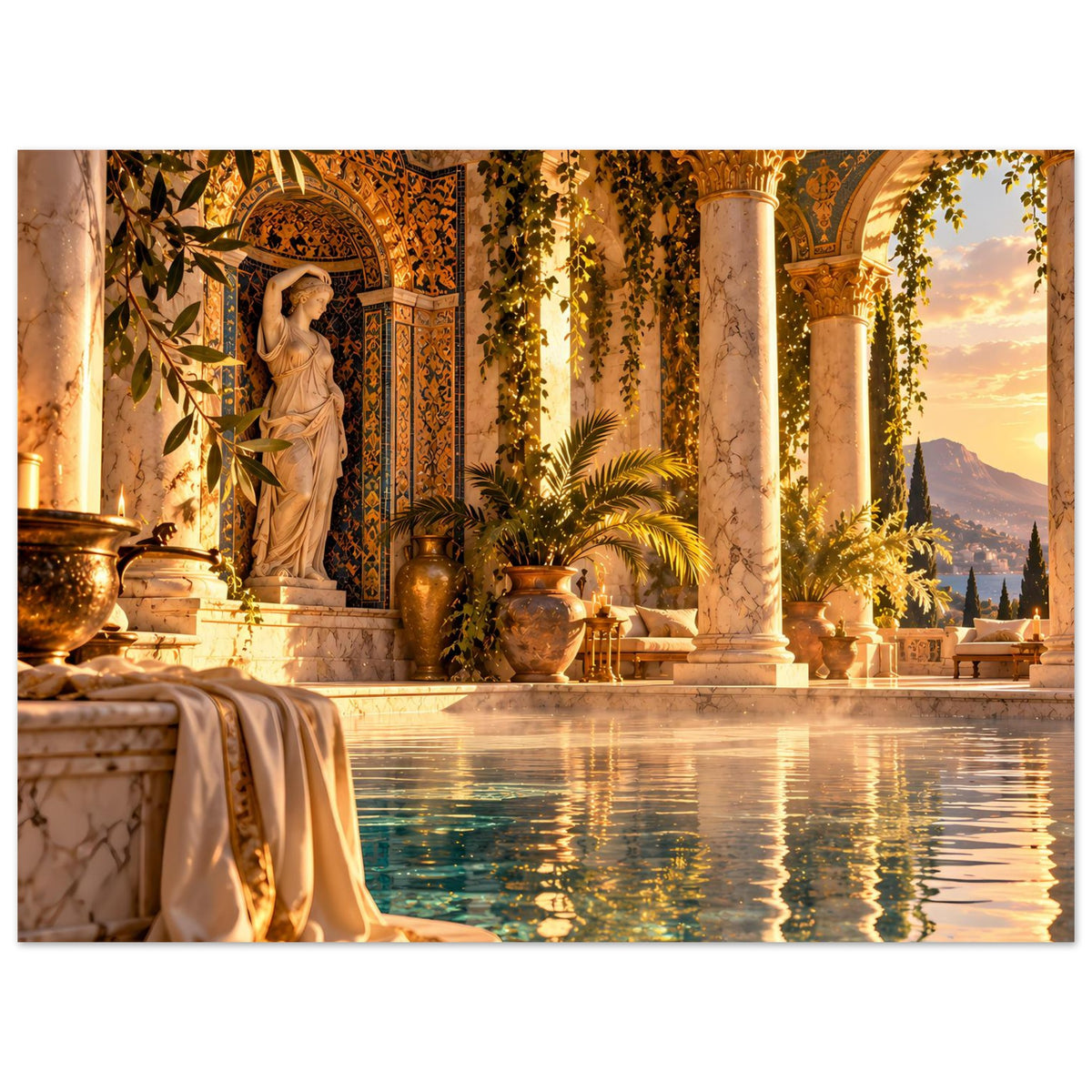 Pool-Poster im Querformat: Statue, Säulenbögen, dekorative Gefäße und ruhiges Becken