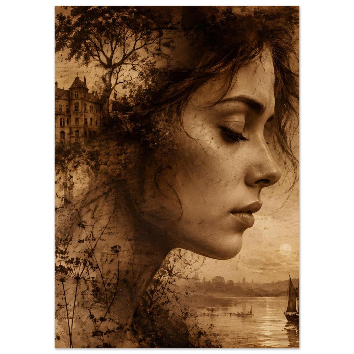 Sepia-Poster mit Frauenprofil, geschlossenen Augen, Pusteblumen und Flusslandschaft