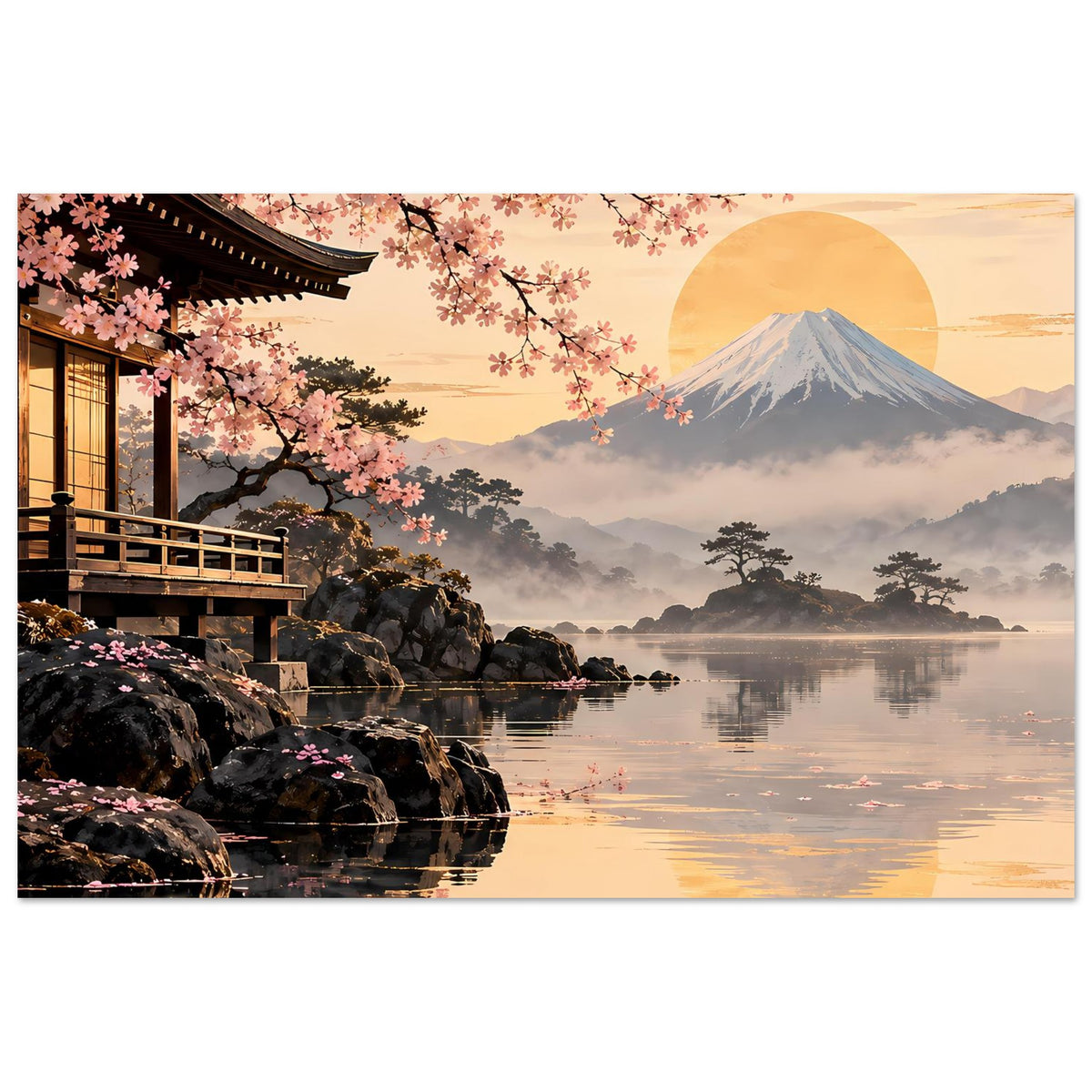 Sakura-Poster mit Pagode, Felsen am Ufer, Kirschblüten und Fuji hinter Nebel über dem See.