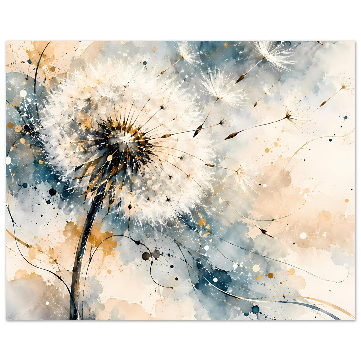 Kunstposter mit Pusteblumenmotiv in Blau- und Goldtönen, rechteckiger Zuschnitt