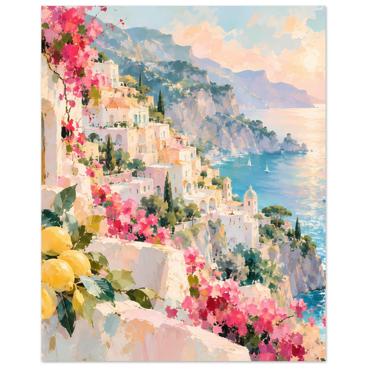 Kunstdruck-Poster, vertikal: mediterrane Küstenstadt mit rosa Blüten, gelben Früchten und Bucht