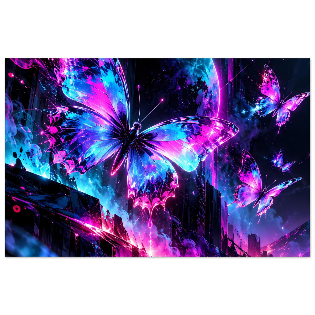 Neon-Schmetterlingsposter: leuchtende Blau- und Pinkfarben, Sci‑Fi-Stadtpanorama