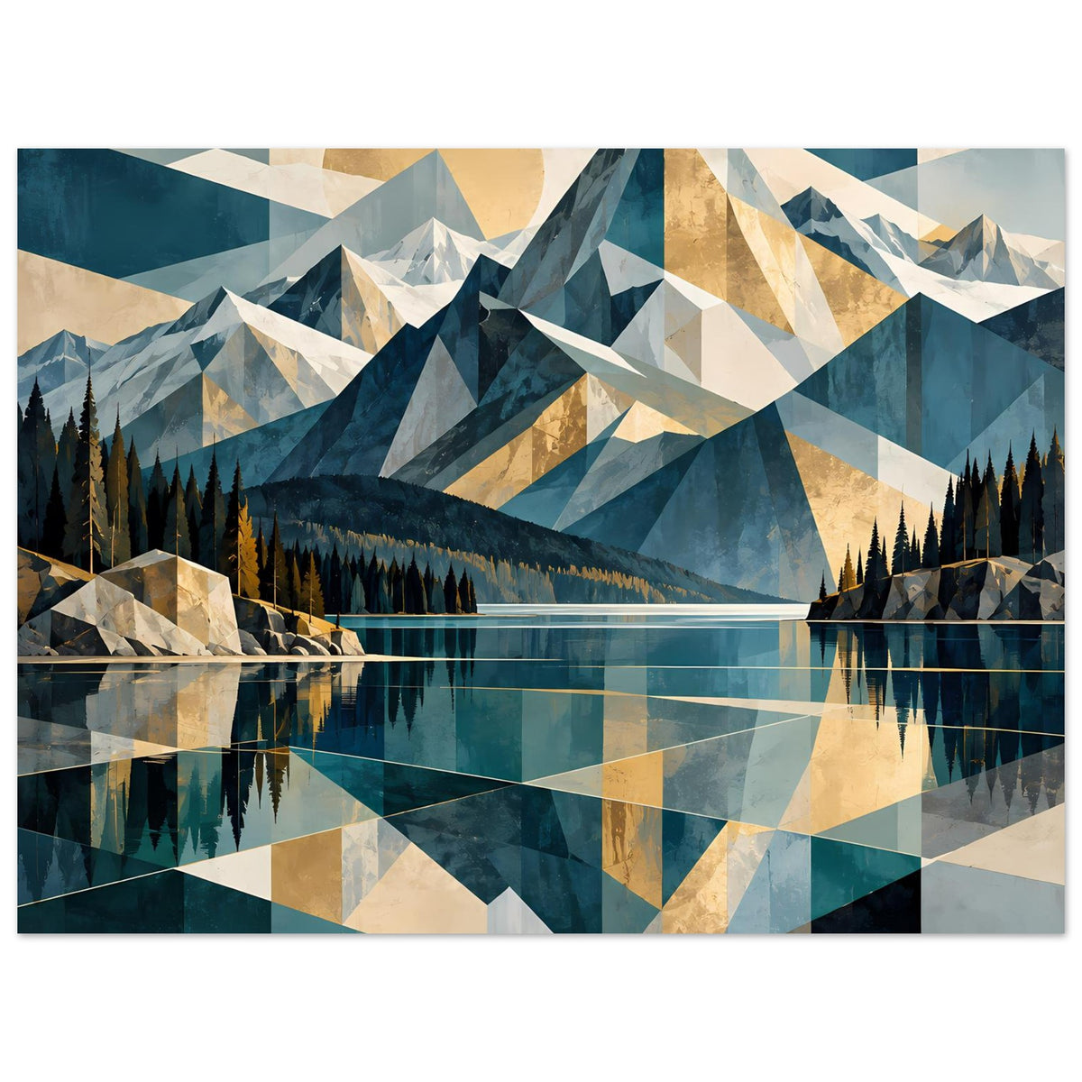 Wandposter Panorama: Berge aus Dreiecken, türkisblaues Wasser, Tannenwald und Spiegelung