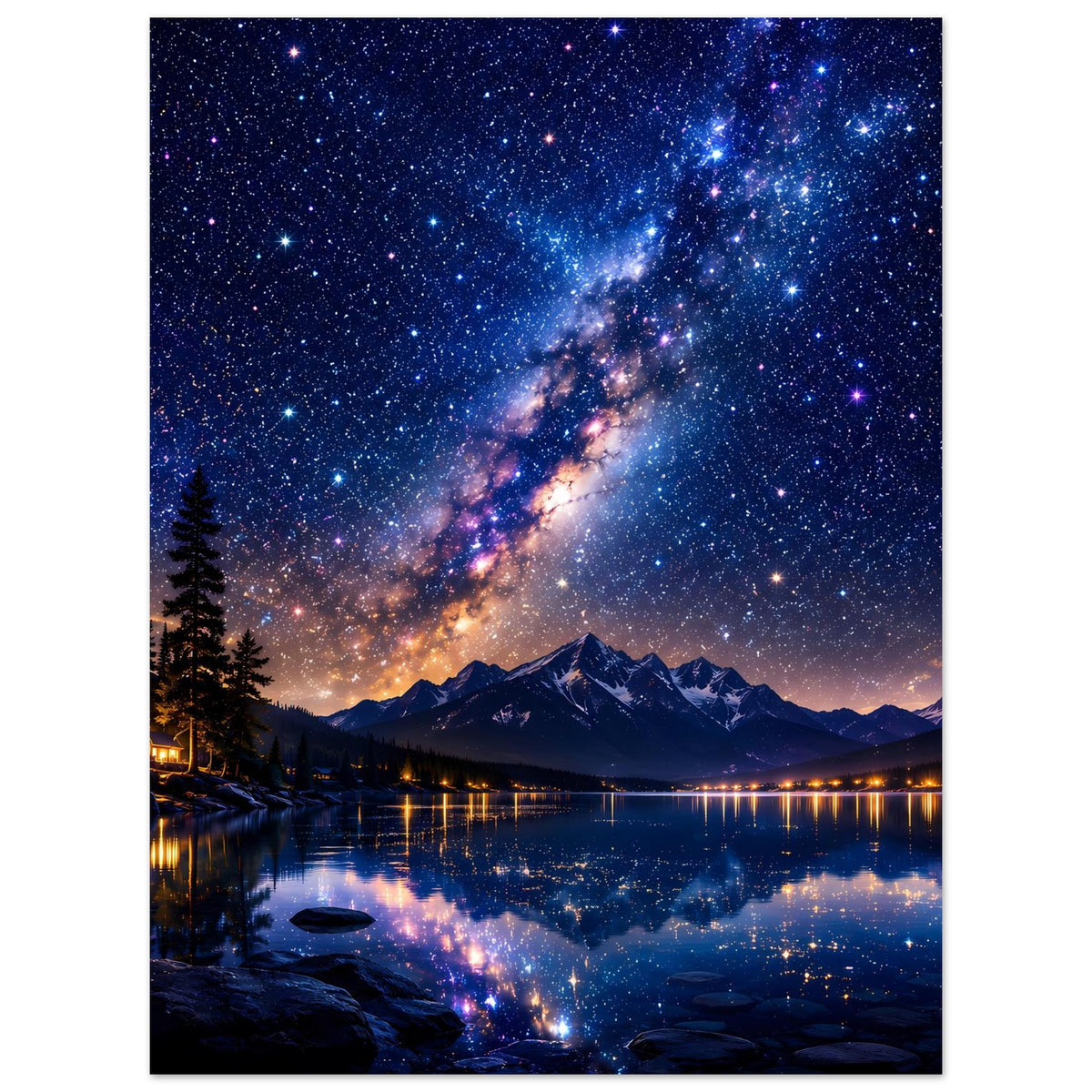 Poster mit Sternenhimmel, Milchstraße über Bergen und spiegelndem See, mit Tannen
