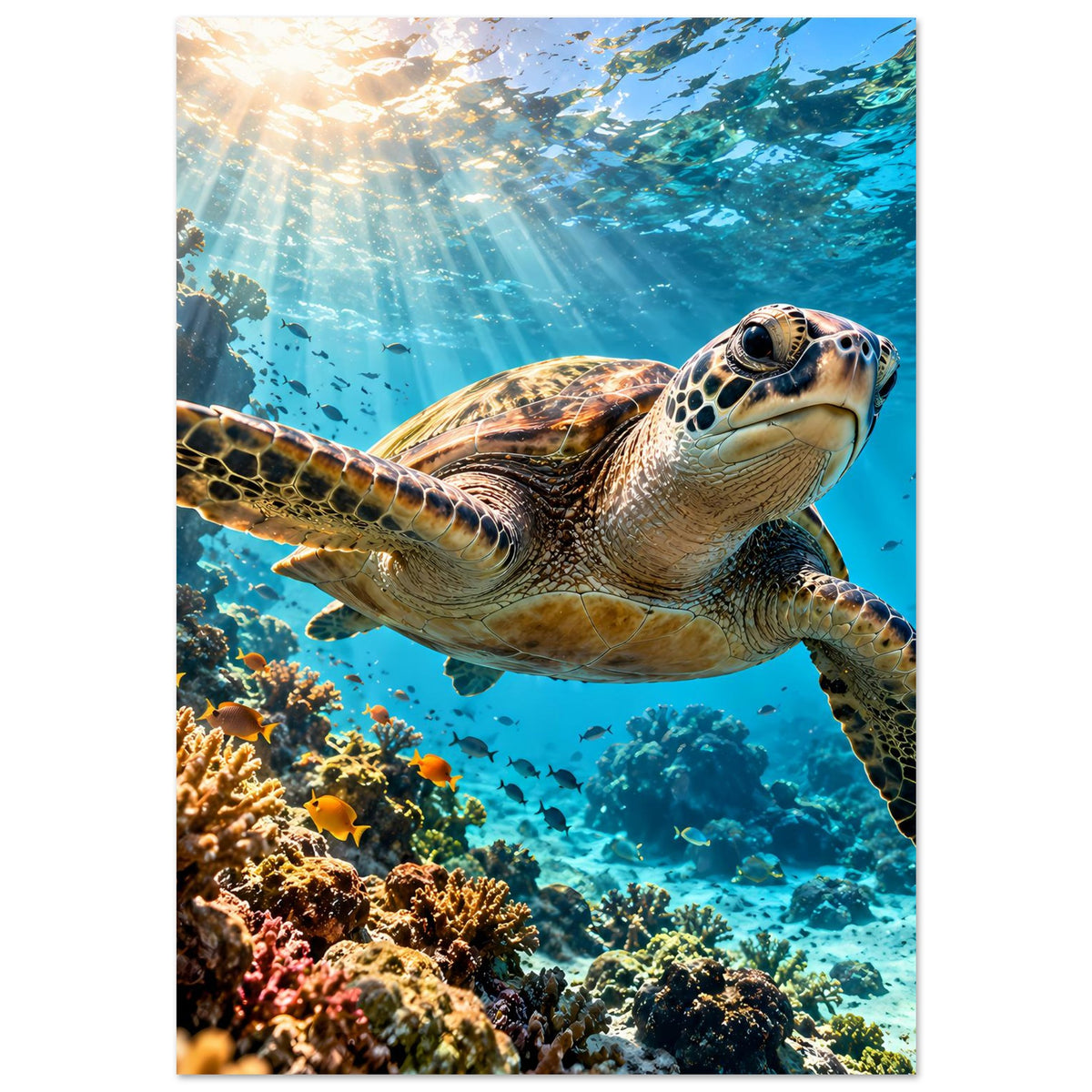 Unterwasser-Schildkrötenposter: Schildkröte schwimmt vor Korallen, strahlendes blaues Wasser