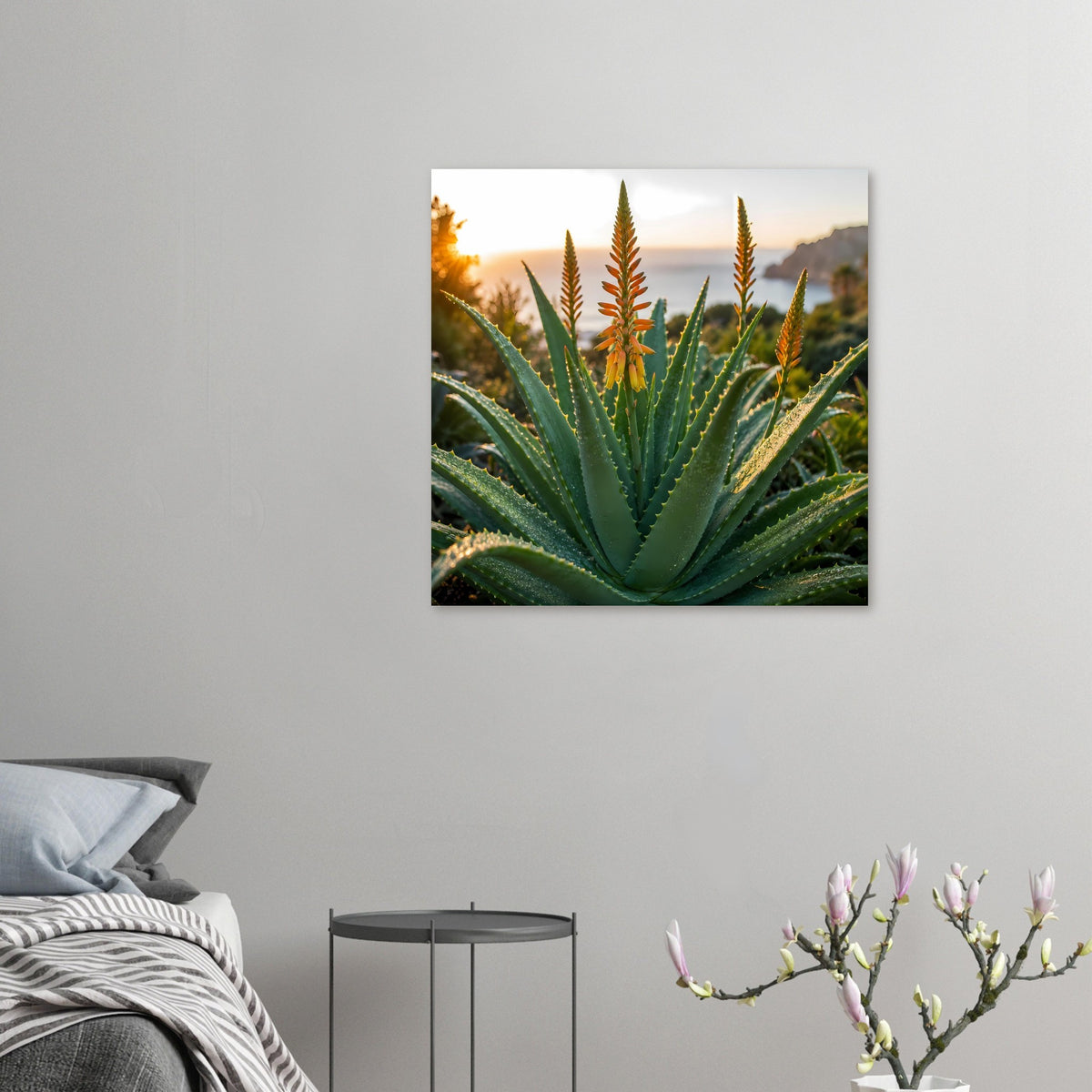 Poster mit Aloe-Blättern und orangegelben Blüten, warmes Abendhimmelmotiv