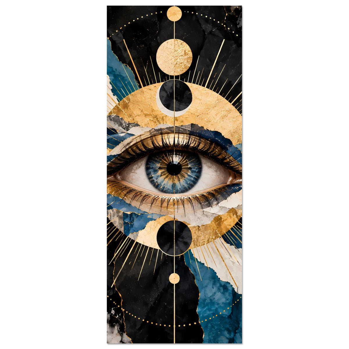 Vertikales Kunstposter: mystisches Auge mit goldenen Elementen und tiefblauer Farbfläche