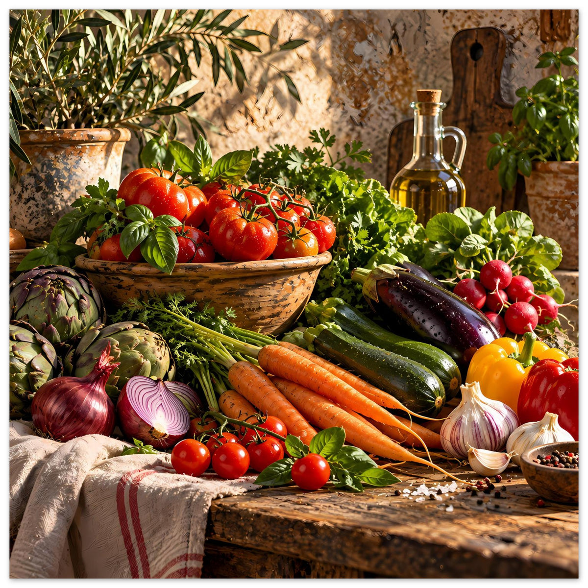Küchenposter mit Gemüsefront: Tomaten, Karotten, Zucchini, Radieschen und Zwiebeln.