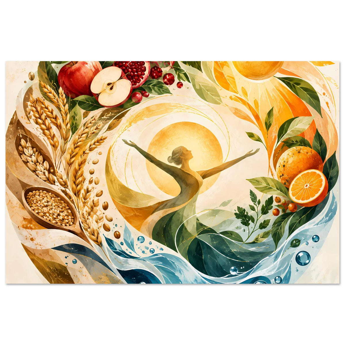 Horizontales Poster mit Sonne, Erntefrüchten, Weizenähren, Blättern und fließender Welle