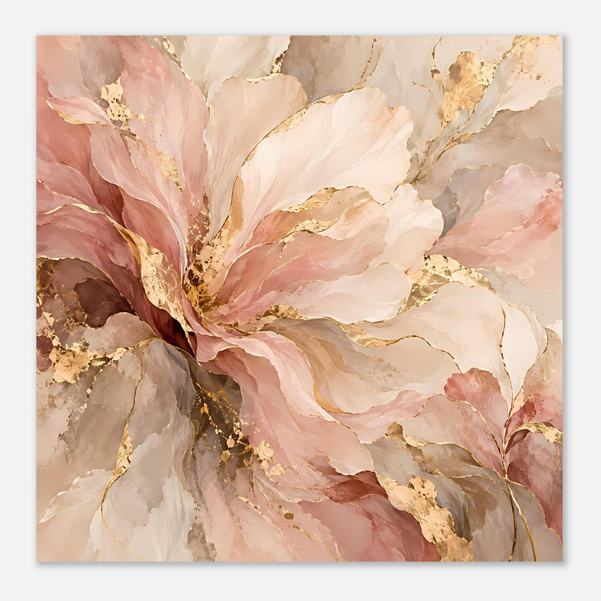 Blush-Gold Blumenposter mit abstrakten Blüten und goldenen Sprenkeln, quadratisches Format