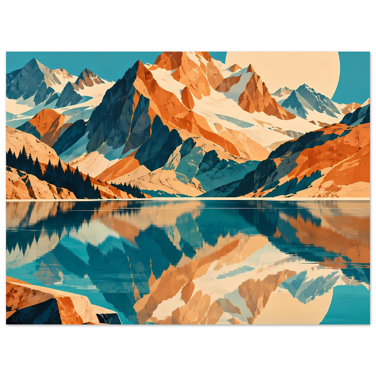 Naturposter im Querformat: Berge über See mit Spiegelung, kräftige Blau- und Orangetöne