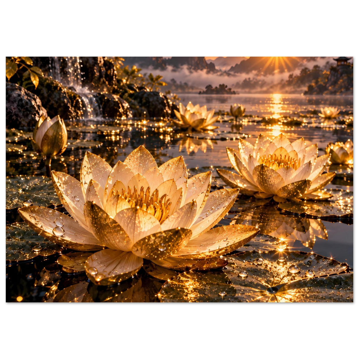 Horizontales Poster mit goldenen Lotusblüten, glitzernden Lichtern und warmem Himmel