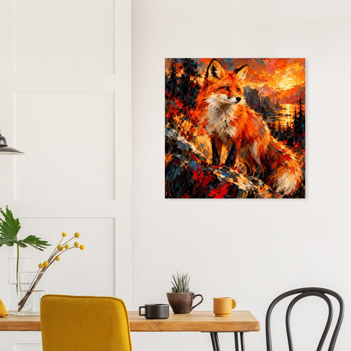 Wandposter mit Fuchs-Porträt in leuchtenden Herbstfarben, mit dunklen Akzenten